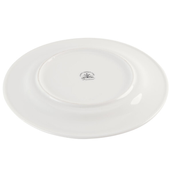 A Homer Laughlin Pristine Ameriwhite bright white china plate with a logo on it.