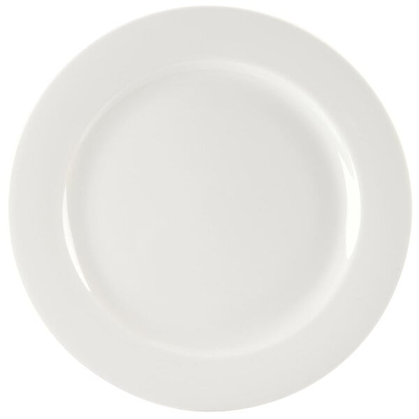 A Homer Laughlin Pristine Ameriwhite China plate with a white rim.