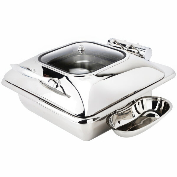 A stainless steel square chafing dish with a silver hinged lid.