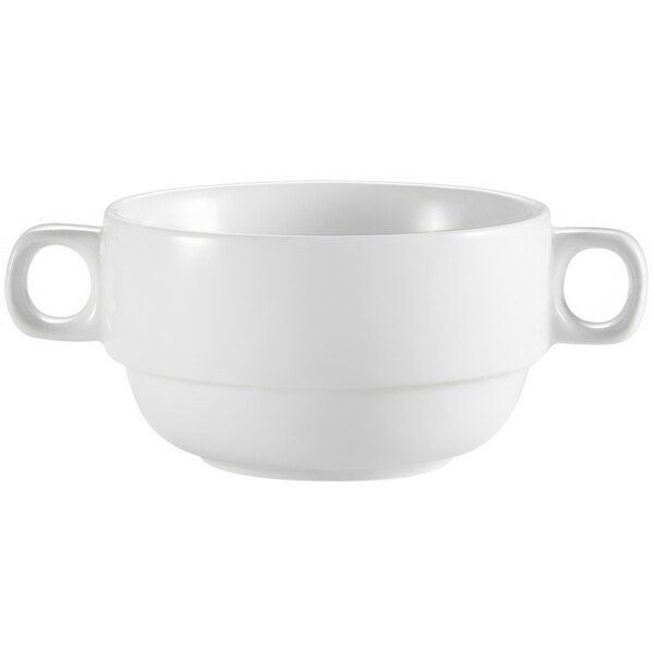 A CAC white bowl with a handle on each side.