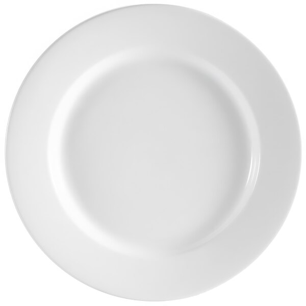 A CAC Super White porcelain plate with a round edge and white circle on the rim.