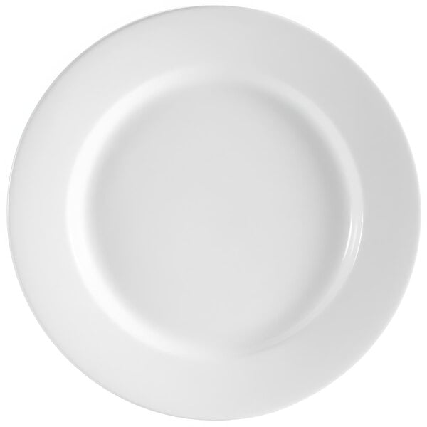 A CAC porcelain white plate with a round edge and a white border.