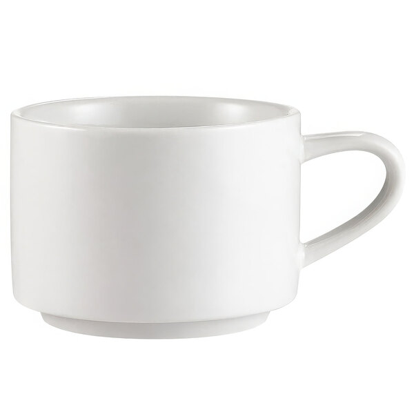 A close-up of a CAC Super White Clinton Stacking Mug with a handle.
