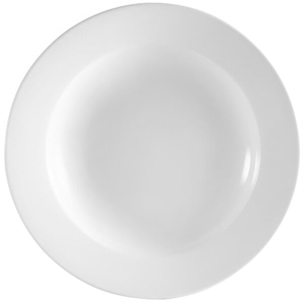 A CAC Super White pasta bowl with a white rim on a white background.