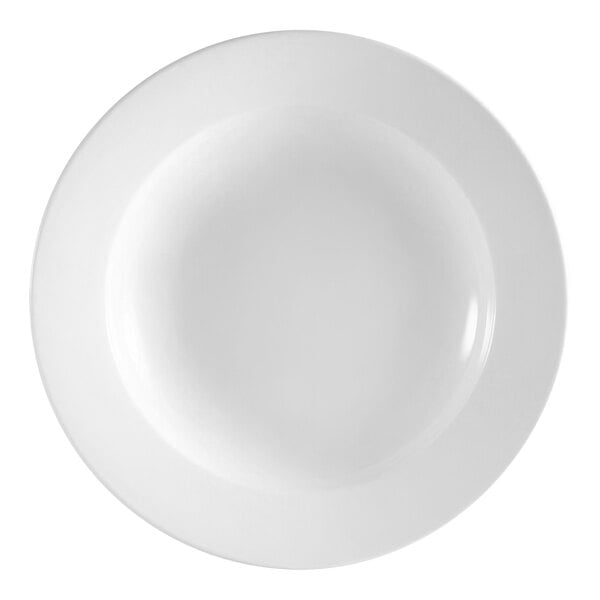 A CAC white pasta bowl with a white rim.