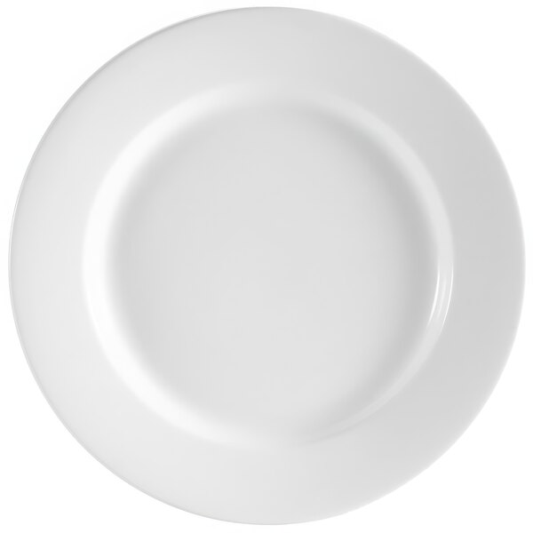 A CAC porcelain white plate with a round edge and a white border.