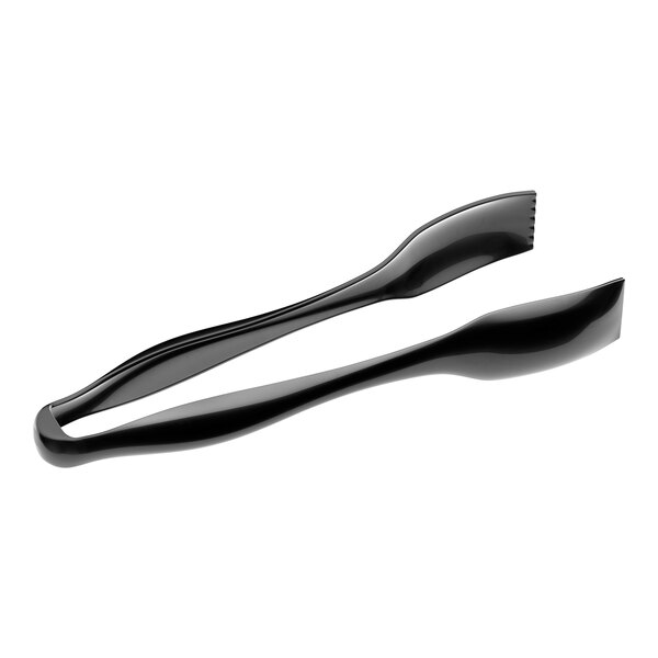 A pair of black disposable plastic tongs.