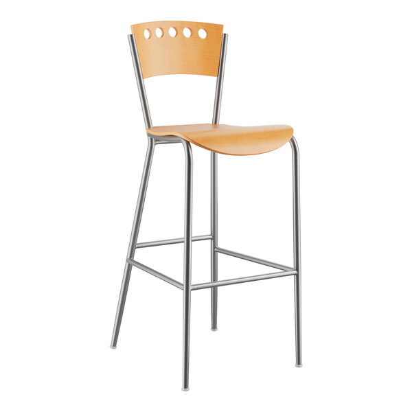 A Lancaster Table & Seating natural finish wooden bar stool with a metal frame.