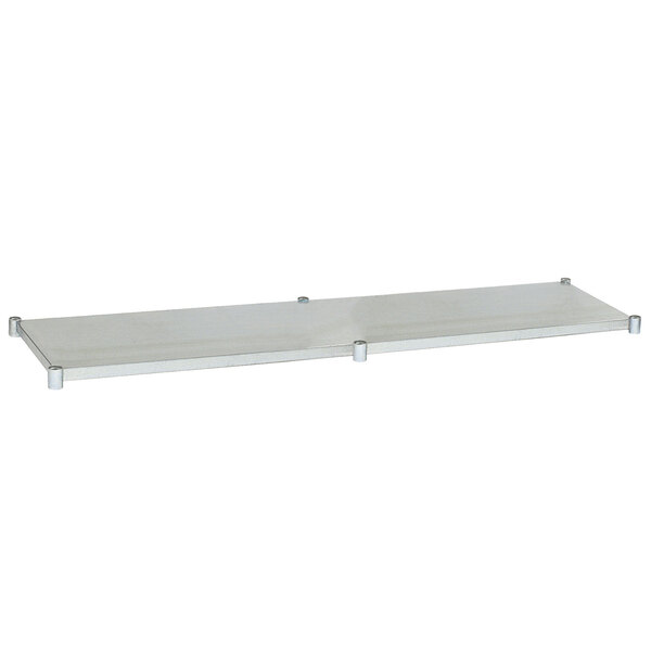 A white metal rectangular shelf with screws.