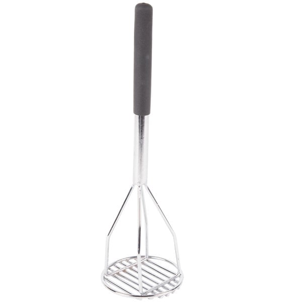 A close-up of a Thunder Group chrome plated round-faced potato masher with a soft grip handle.