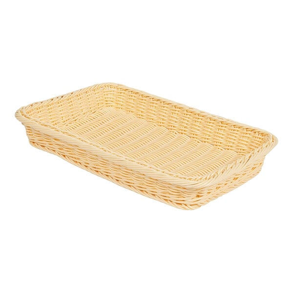 A rectangular, light-colored woven basket with low sides and a flat base.
