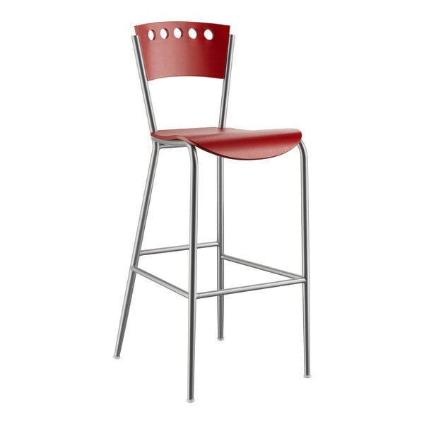 A mahogany Lancaster Table & Seating cafe bar stool with metal legs.