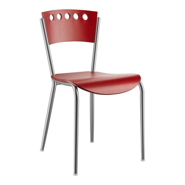 A Lancaster Table & Seating mahogany finish cafe chair with metal legs.