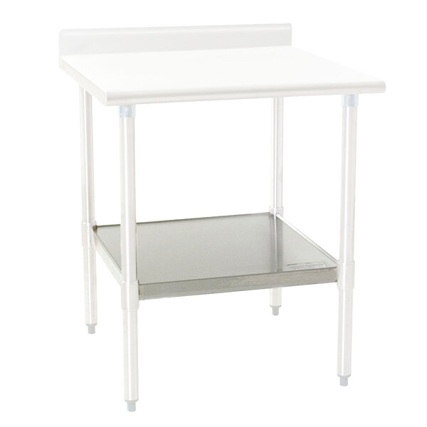 A white Eagle Group adjustable work table with a stainless steel undershelf.