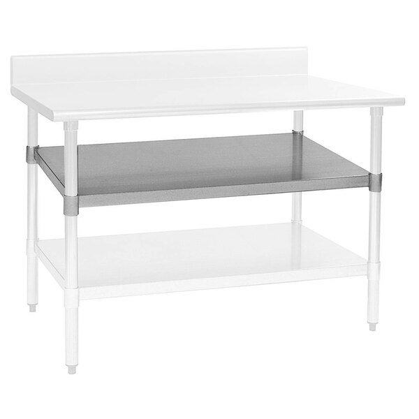 A stainless steel work table undershelf.