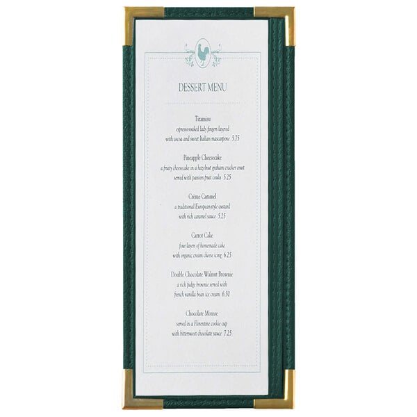 A Menu Solutions Royal single panel menu board with green trim and gold corners.