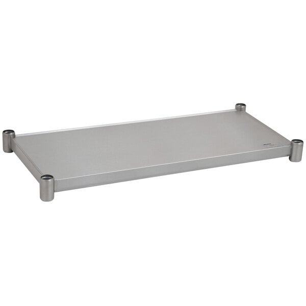 A silver stainless steel rectangular undershelf for an Eagle Group work table.