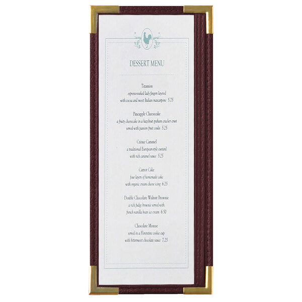 A burgundy menu board with gold corners and a white border holding a menu with black text.