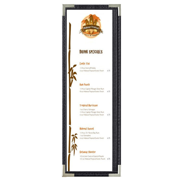 A black menu board with silver corners holding a menu.