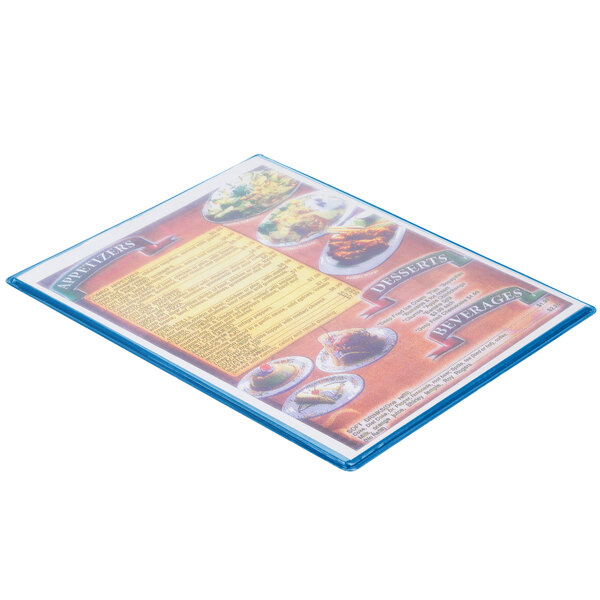 A clear plastic menu board with a blue cover on the front and back.