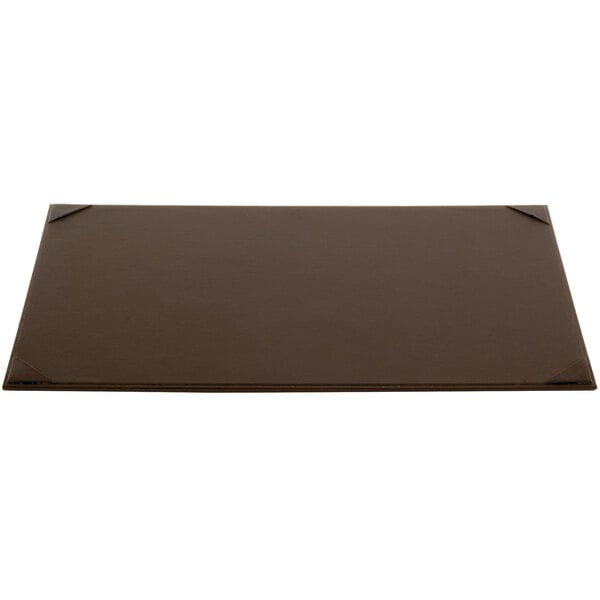 A brown rectangular Menu Solutions menu board with black corners on a table.