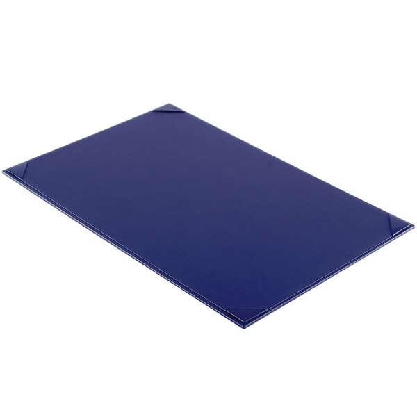 A blue rectangular double-sided Menu Solutions menu board with corner corners on a table.