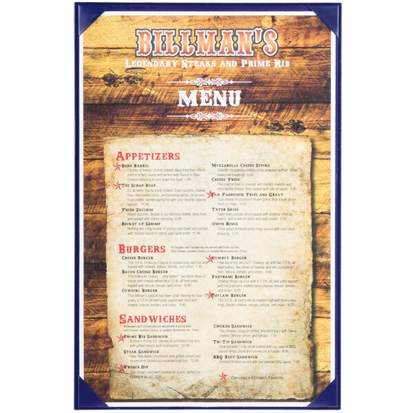 A Menu Solutions blue menu board on a wood surface.