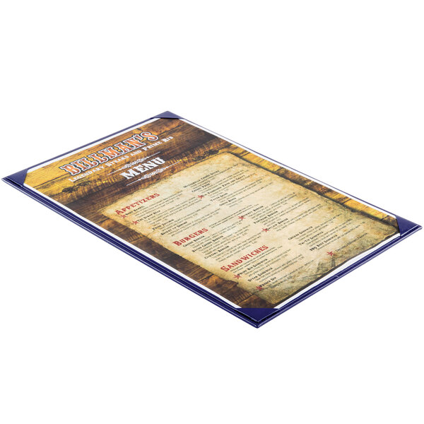 A blue Menu Solutions Kearny menu board on a white table.