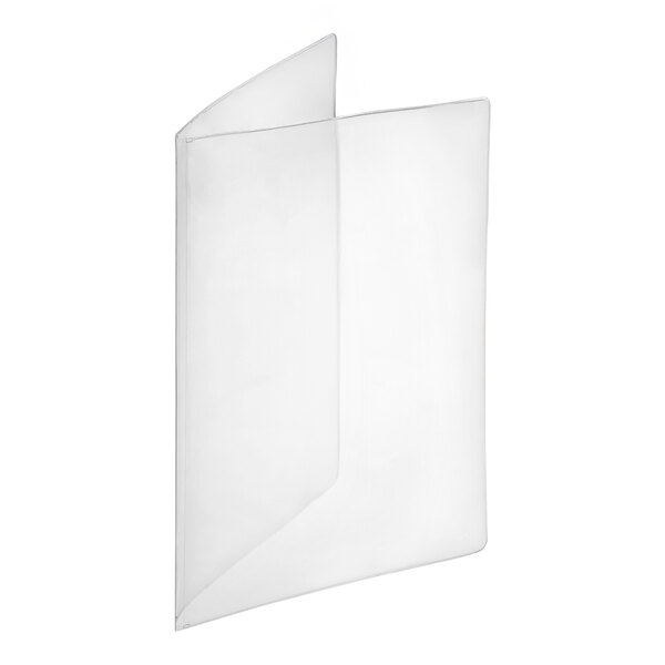 A clear plastic menu cover with a folded piece of paper inside.