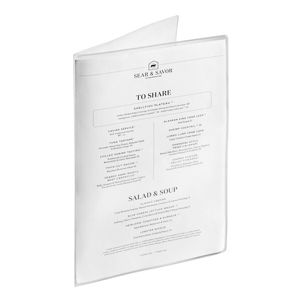 A clear menu cover with white paper inside and black text on it.