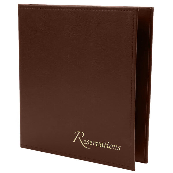 A brown leather Menu Solutions reservation binder.