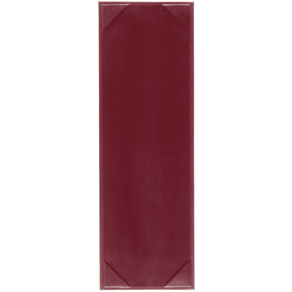 A rectangular red Menu Solutions menu board with a square design on a table.