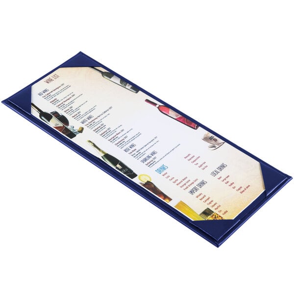 A blue Menu Solutions Kearny menu board on a table in a restaurant.