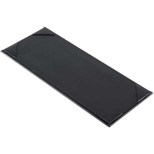A black rectangular Menu Solutions menu board with corner corners on a counter.