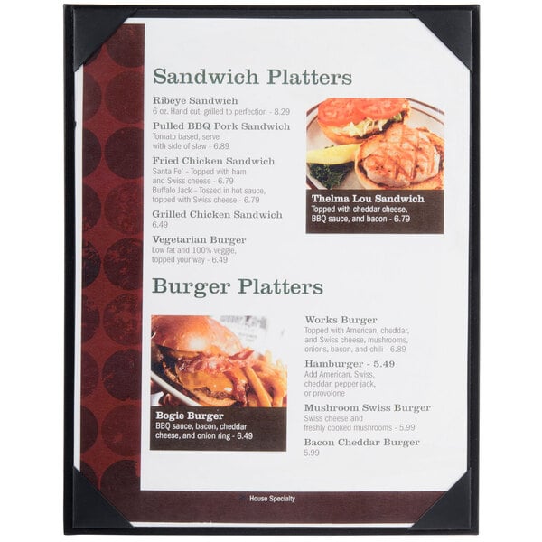 A black Menu Solutions menu board on a restaurant counter with a menu inside.