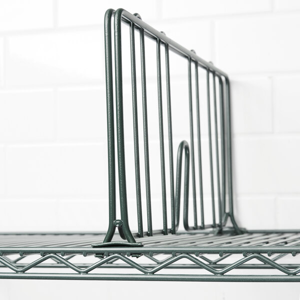 A Metro smoked glass wire shelf divider on a Metro wire shelf.