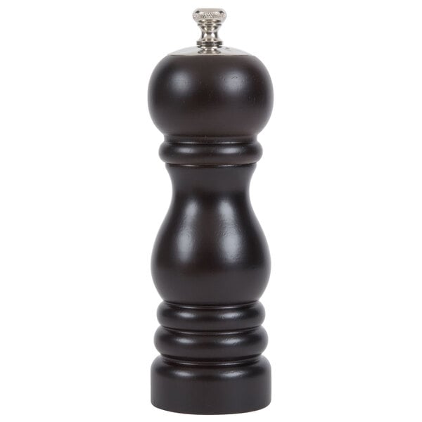 A black Chef Specialties pepper mill with a silver top.