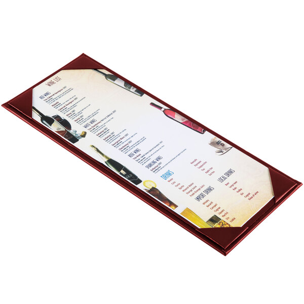 A burgundy Menu Solutions Kearny menu board on a counter with a white menu inside.