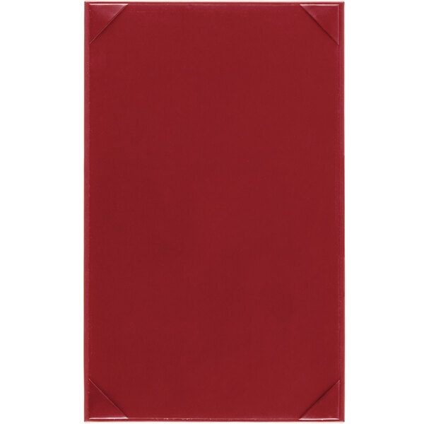 A red rectangular Menu Solutions menu board with black corners on a table.