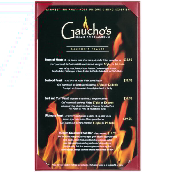 A Menu Solutions burgundy menu board with a red frame holding a menu with text and images.