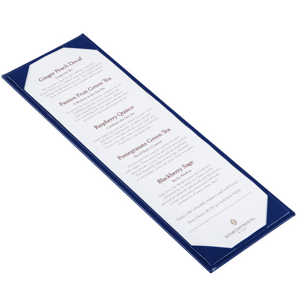 A blue Menu Solutions menu board with white pages.