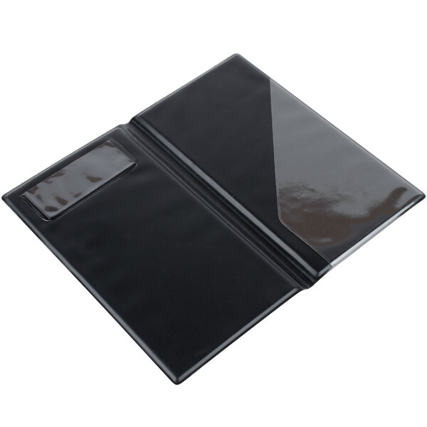 A black rectangular Menu Solutions guest check presenter with a mottled plastic cover.