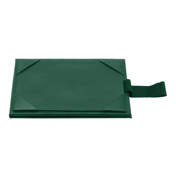 A green rectangular Menu Solutions table tent with picture corners on a table.
