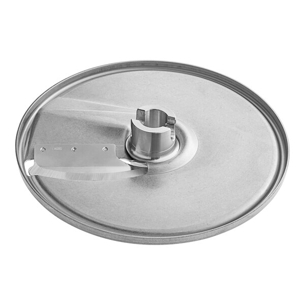 A stainless steel Hobart 1/8" slicing plate with a circular hole in the center.