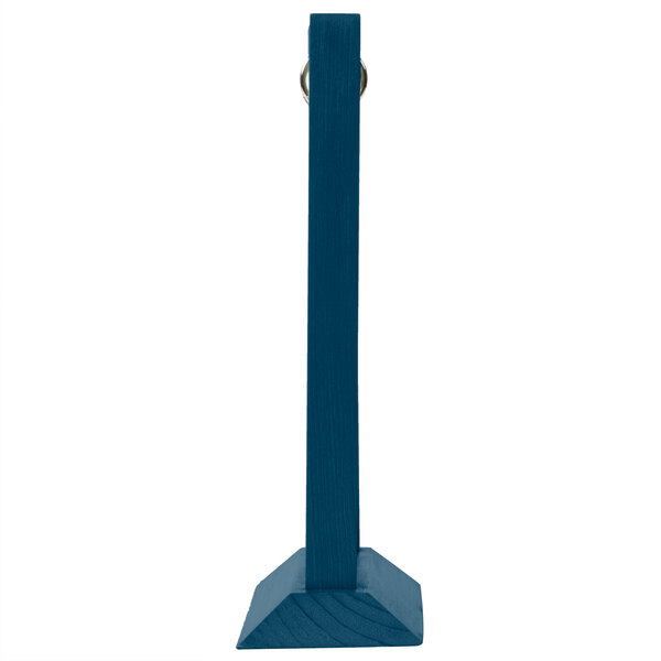 A blue wood flip top table tent with a metal ring on the bottom.