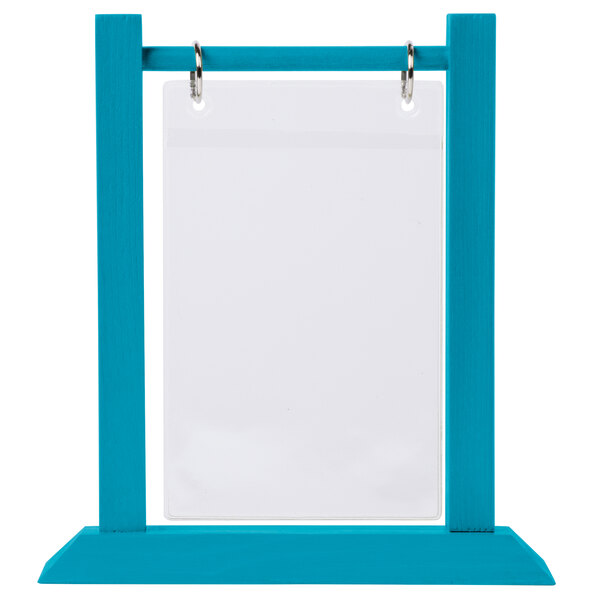 A sky blue wood table tent with a white border.