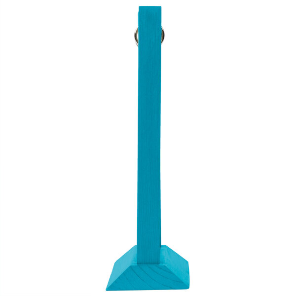 A blue wooden Menu Solutions table tent with a silver metal ring.