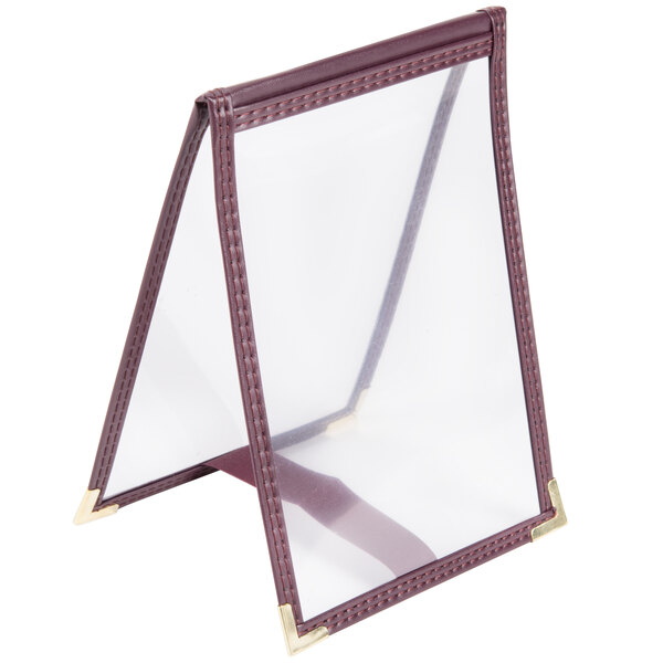 A burgundy sewn edge plastic frame for Menu Solutions table tents.