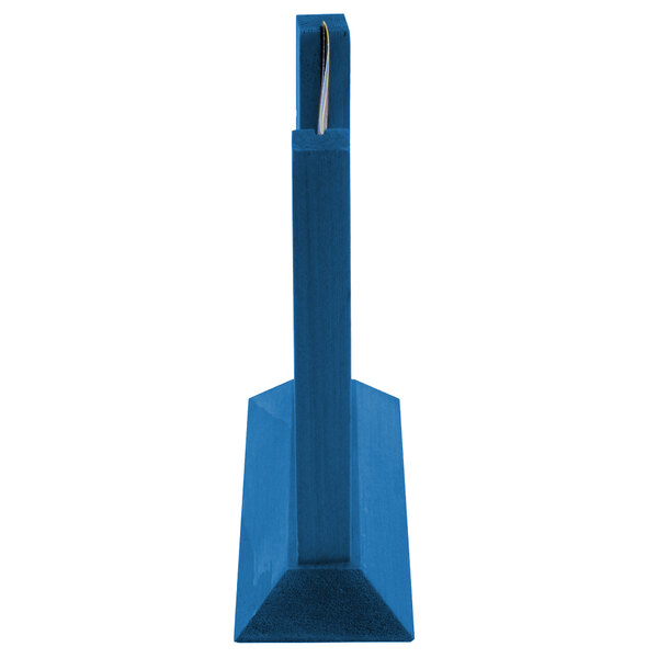 A blue wooden table tent with a metal handle.