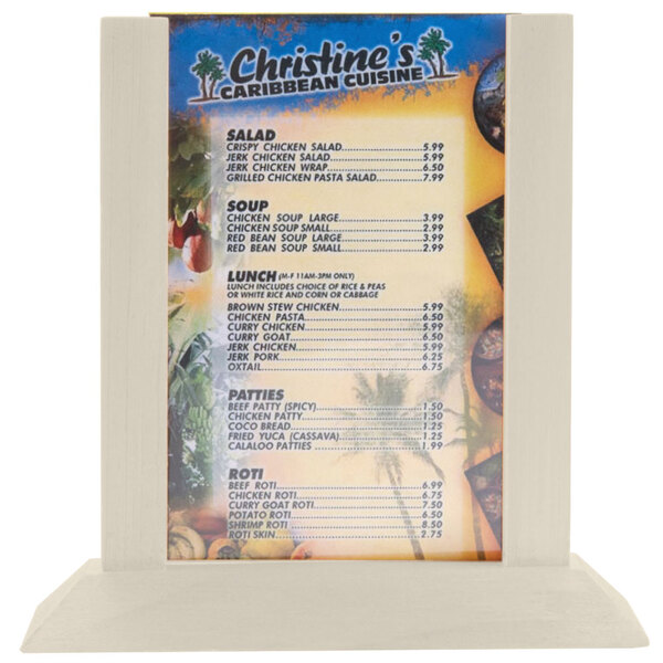 A Menu Solutions almond wood table tent on a white table holding a menu.